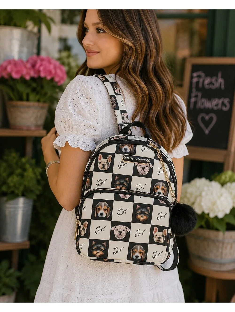 Betsey Johnson Dog Mini Backpack Black White Puppy Print Pom Charm Bag